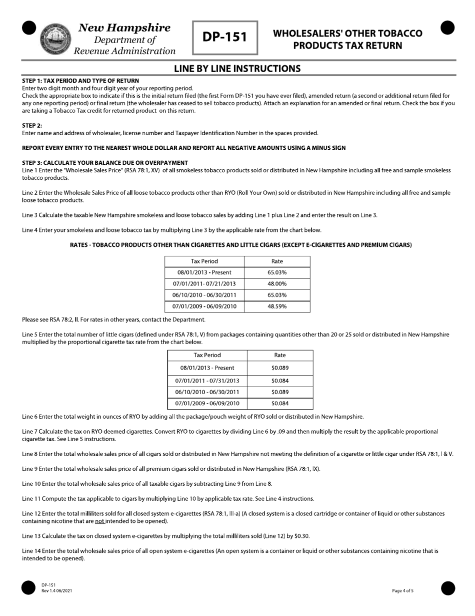 Form DP-151 Wholesalers Other Tobacco Products Tax Return - New Hampshire, Page 4