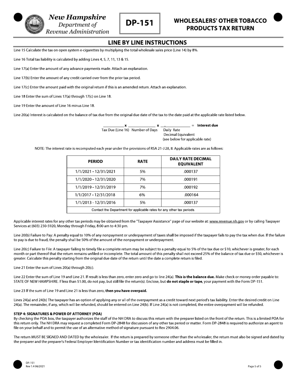 Form DP-151 Wholesalers Other Tobacco Products Tax Return - New Hampshire, Page 5