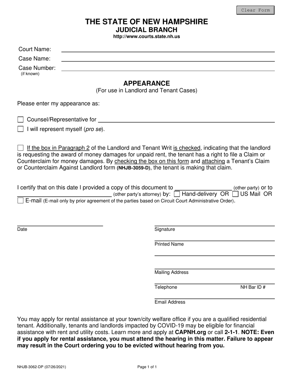 Form NHJB-3062-DP Appearance (For Use in Landlord and Tenant Cases) - New Hampshire, Page 1