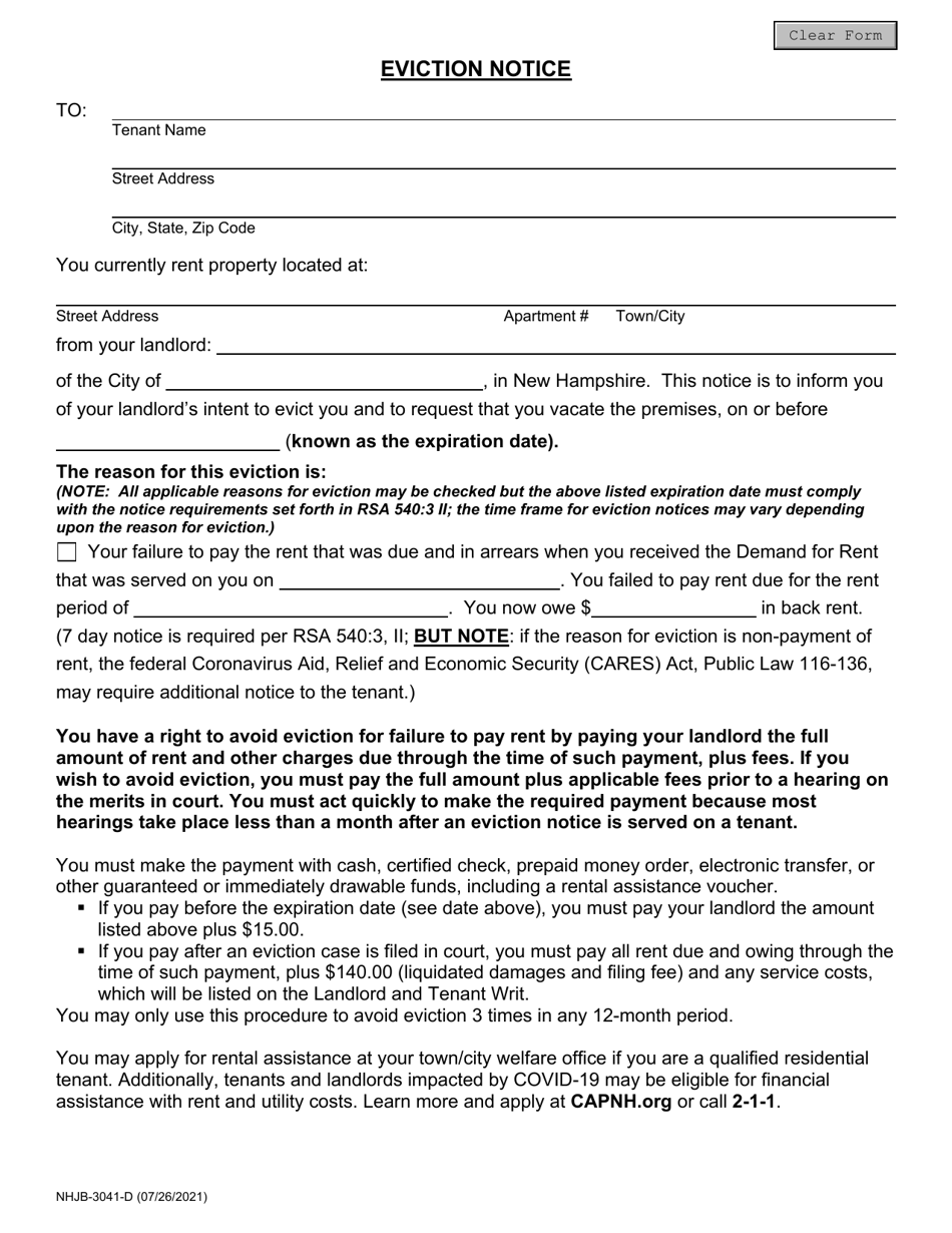 Form NHJB-3041-D Eviction Notice - New Hampshire, Page 1