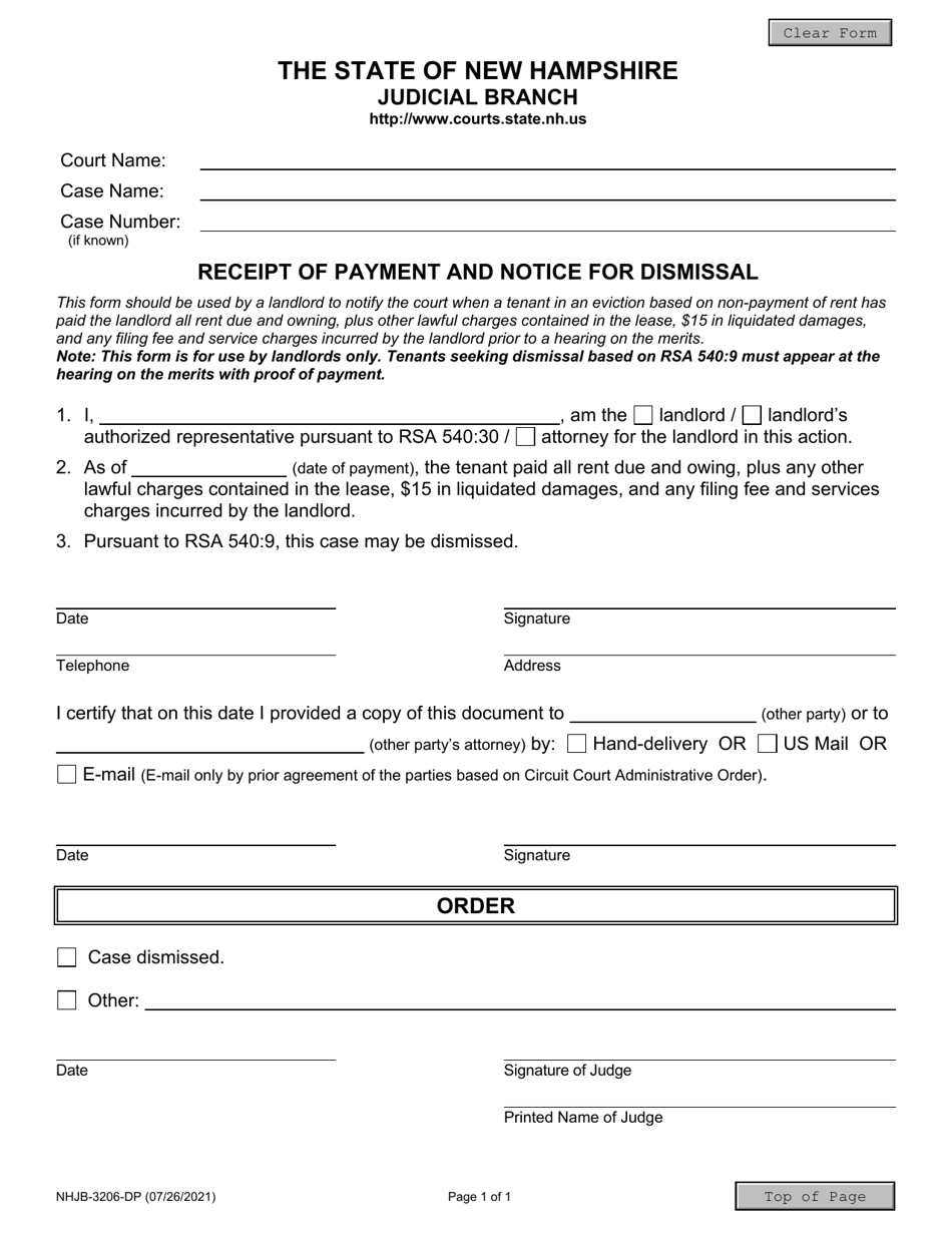 Form NHJB-3206-DP Receipt of Payment and Notice for Dismissal - New Hampshire, Page 1