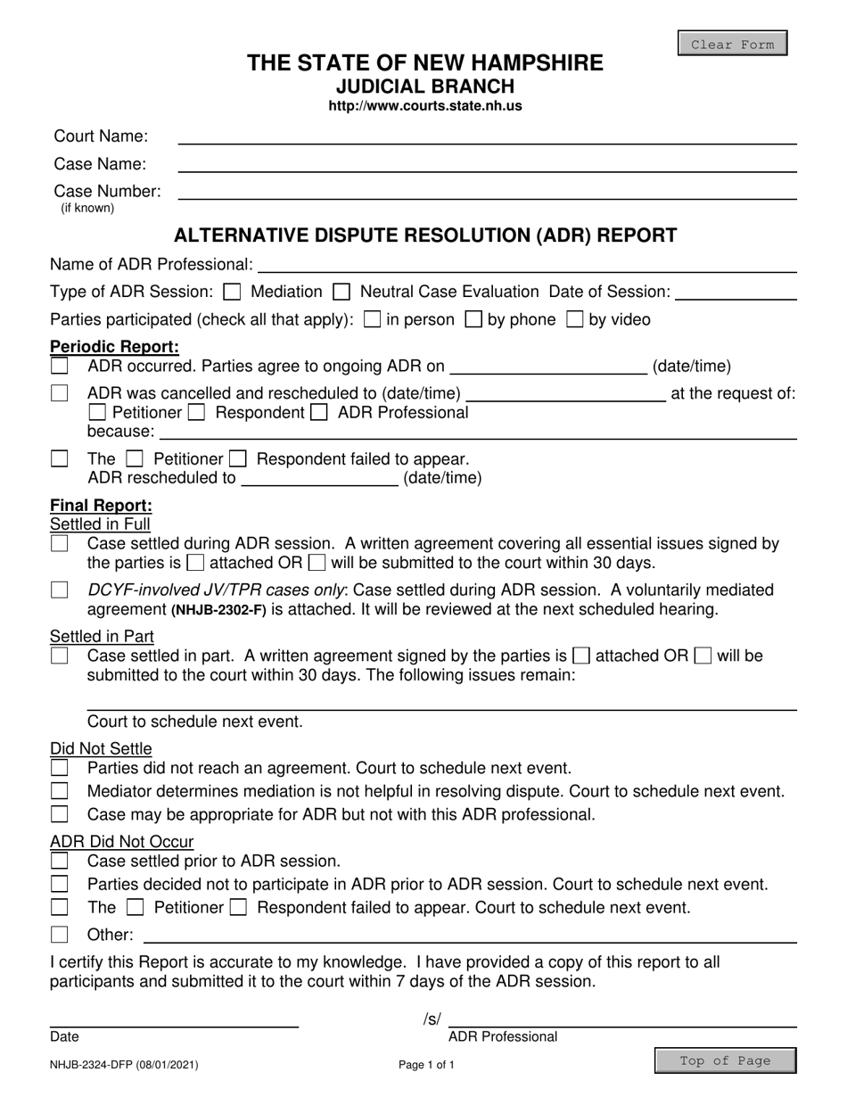 Form NHJB-2324-DFP Alternative Dispute Resolution (Adr) Report - New Hampshire, Page 1