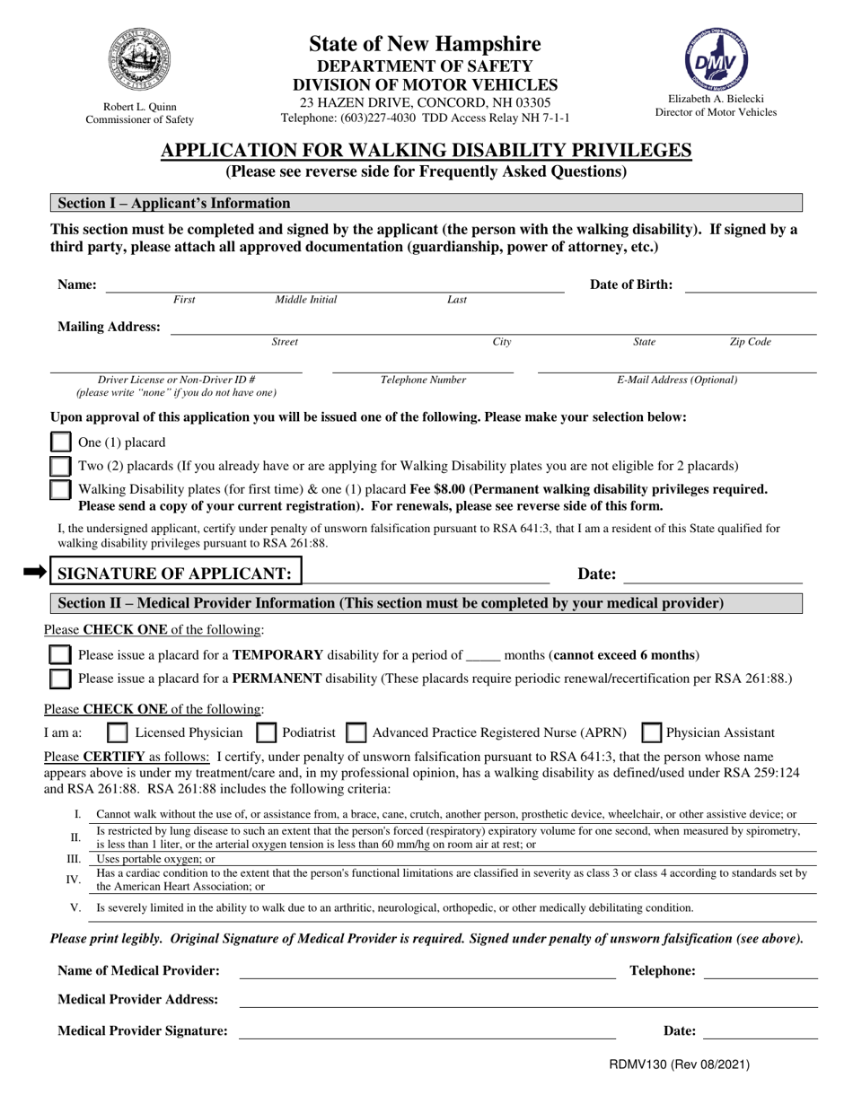 Form RDMV130 Application for Walking Disability Privileges - New Hampshire, Page 1