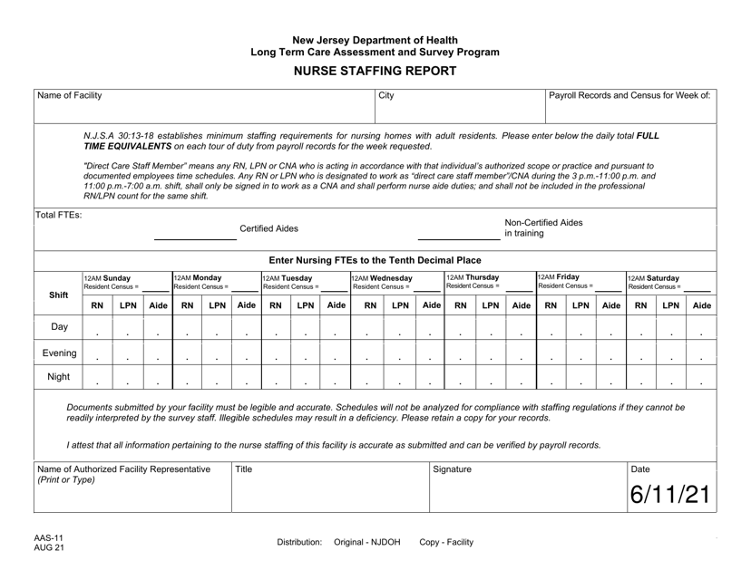Form AAS-11 Nurse Staffing Report - New Jersey