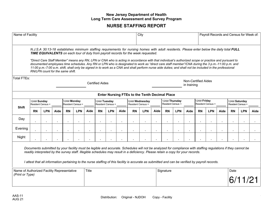 Form AAS-11 Nurse Staffing Report - New Jersey, Page 1