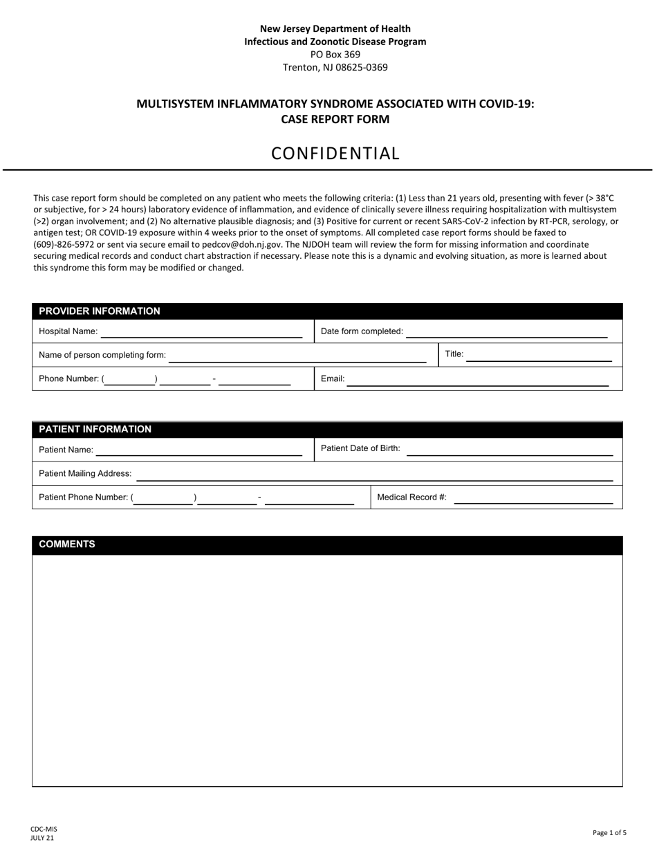 Form CDC-MIS Multisystem Inflammatory Syndrome Associated With Covid-19: Case Report Form - New Jersey, Page 1