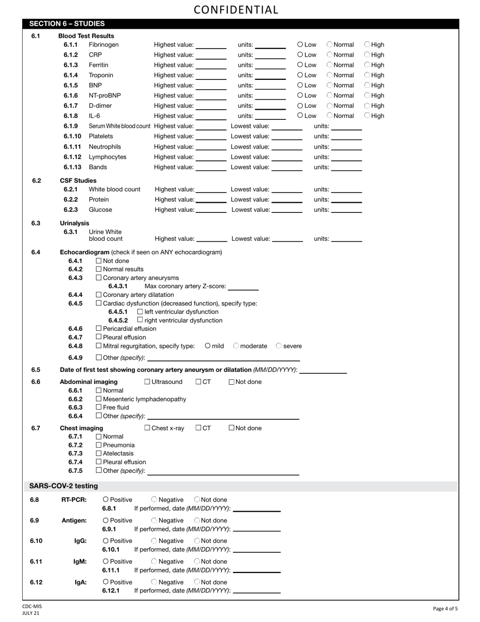 Form CDC-MIS Multisystem Inflammatory Syndrome Associated With Covid-19: Case Report Form - New Jersey, Page 4