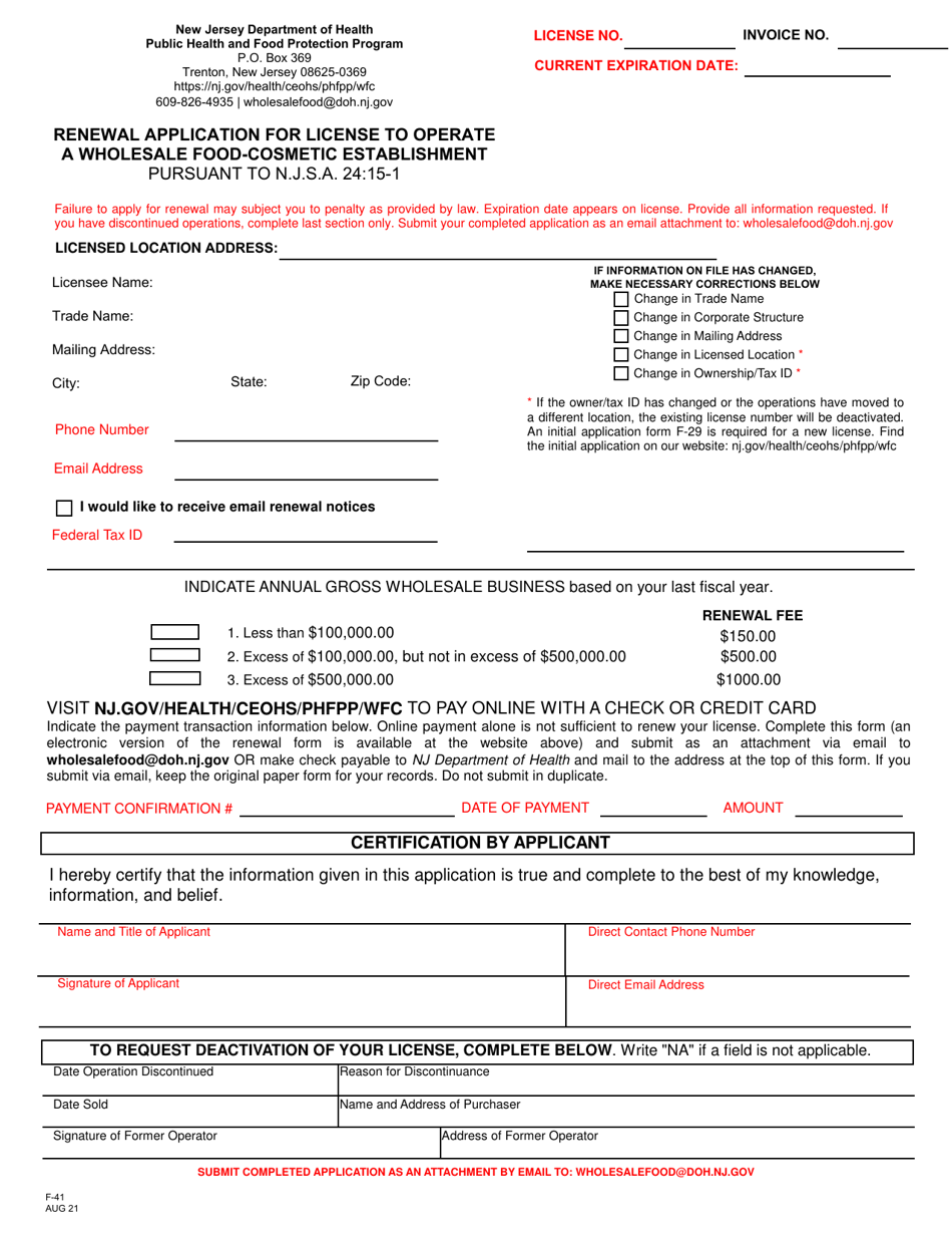 Form F41 Download Fillable PDF or Fill Online Renewal Application for