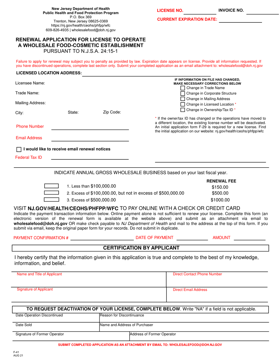 Form F-41 Renewal Application for License to Operate a Wholesale Food-Cosmetic Establishment - New Jersey, Page 1