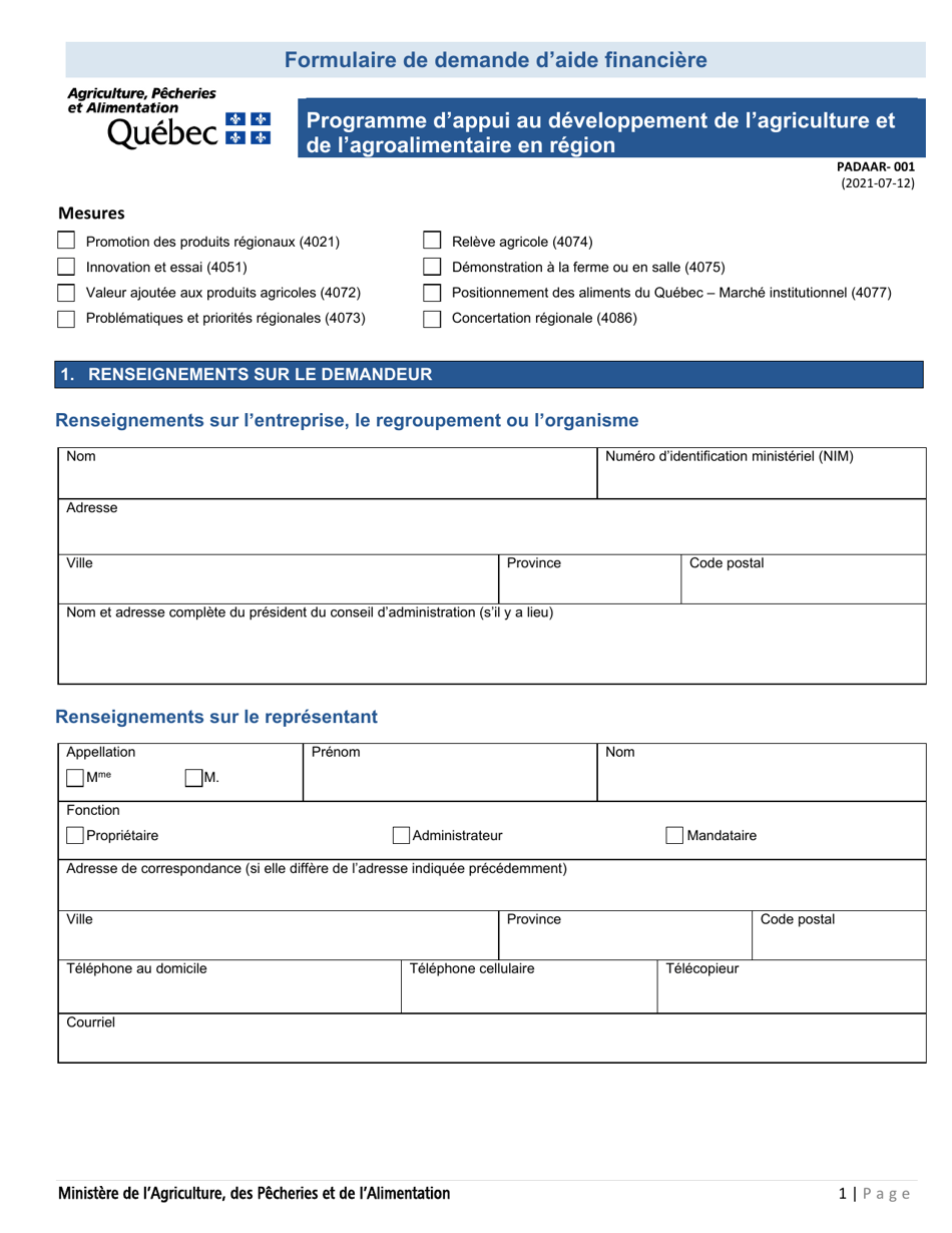 Forme PADAAR-001 Formulaire De Demande Daide Financiere - Programme Dappui Au Developpement De Lagriculture Et De Lagroalimentaire En Region - Quebec, Canada (French), Page 1