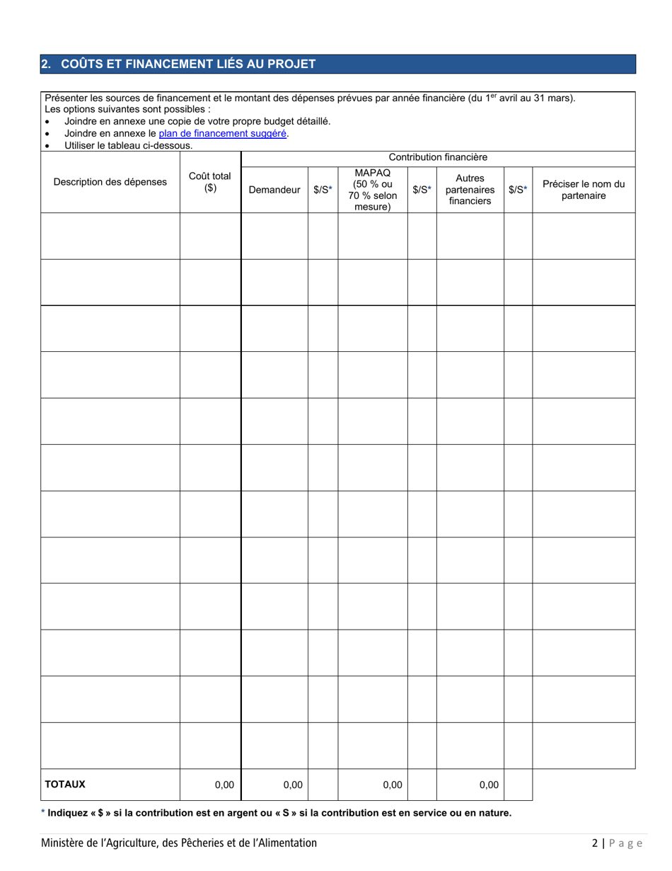 Forme PADAAR-001 Formulaire De Demande Daide Financiere - Programme Dappui Au Developpement De Lagriculture Et De Lagroalimentaire En Region - Quebec, Canada (French), Page 2