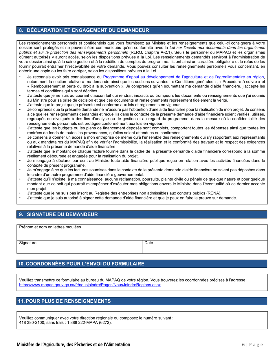 Forme PADAAR-001 Formulaire De Demande Daide Financiere - Programme Dappui Au Developpement De Lagriculture Et De Lagroalimentaire En Region - Quebec, Canada (French), Page 6