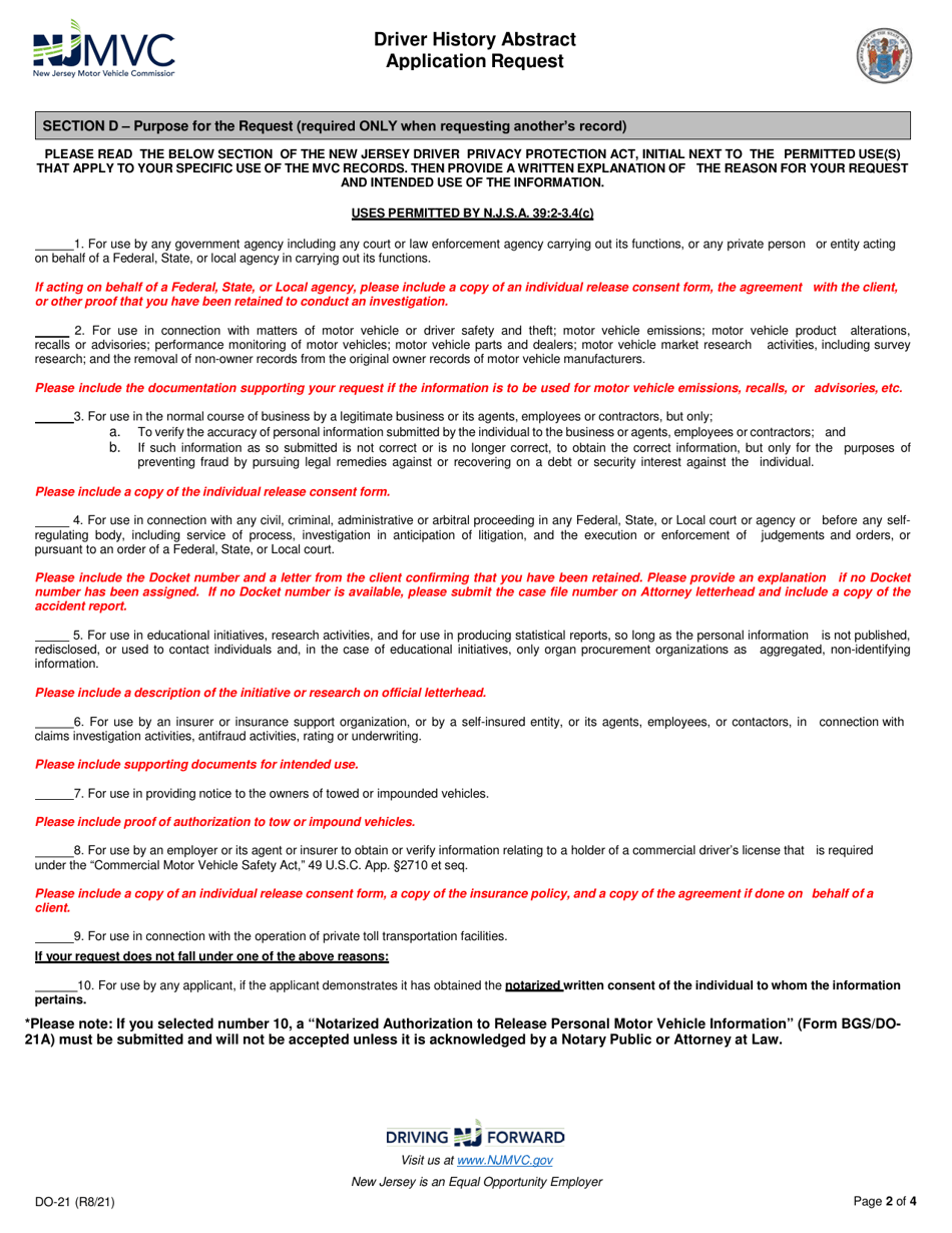 Form DO-21 Driver History Abstract Application Request - New Jersey, Page 2
