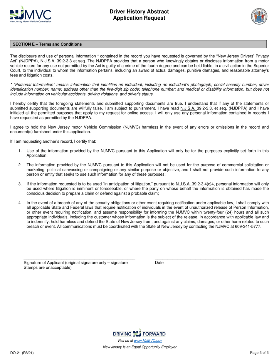 Form DO-21 Driver History Abstract Application Request - New Jersey, Page 4