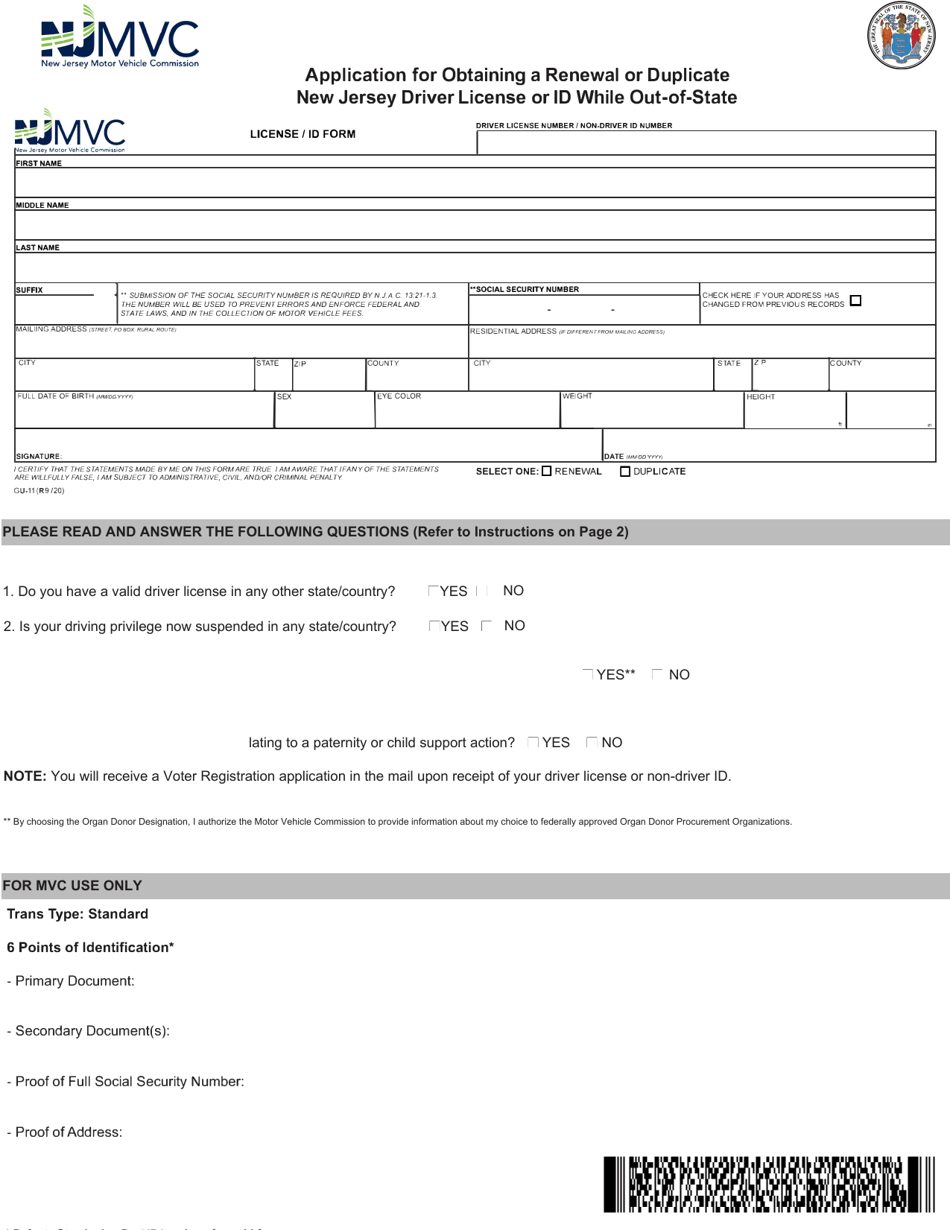 Form GU-11 Application for Obtaining a Renewal or Duplicate New Jersey Driver License or Id While out-Of-State - New Jersey, Page 1