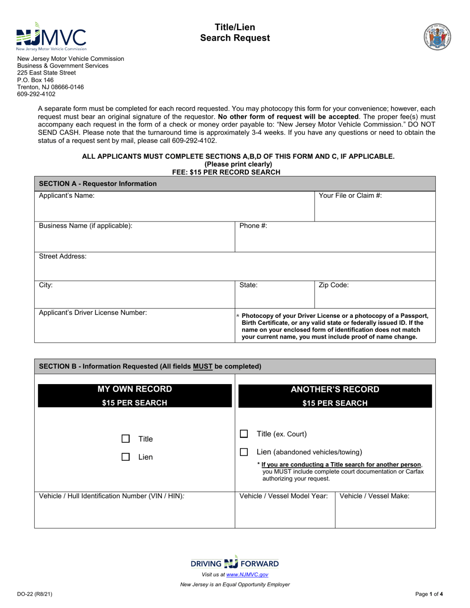 Form DO-22 Title/Lien Search Request - New Jersey, Page 1