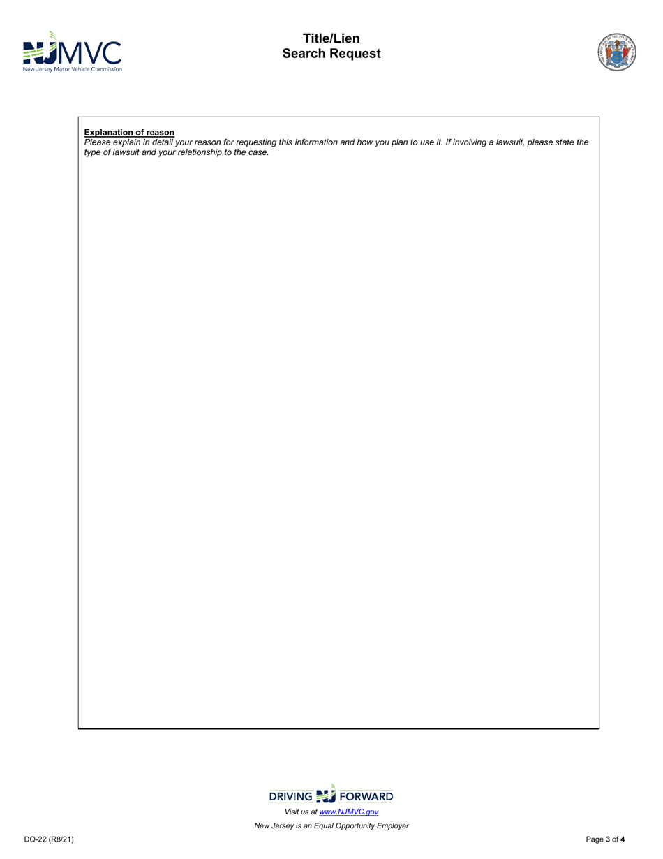 Form DO-22 Title / Lien Search Request - New Jersey, Page 3