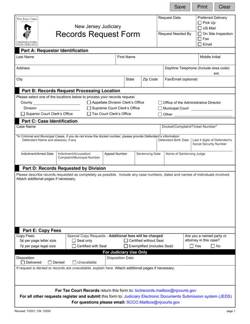 Form 10200 Records Request Form - New Jersey