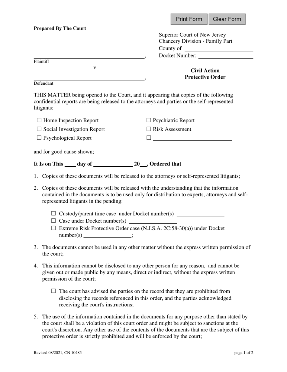 Form 10485 Civil Action Protective Order - New Jersey, Page 1