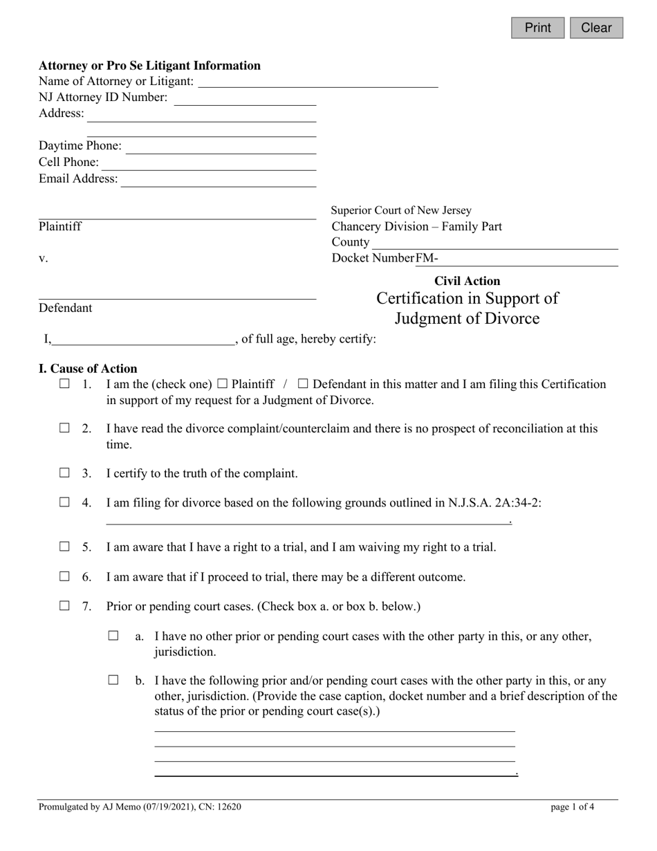 Form 12620 Certification in Support of Judgment of Divorce - New Jersey, Page 1