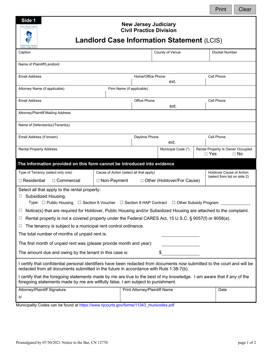 Form 12770 Landlord Case Information Statement (Lcis) - New Jersey, Page 1
