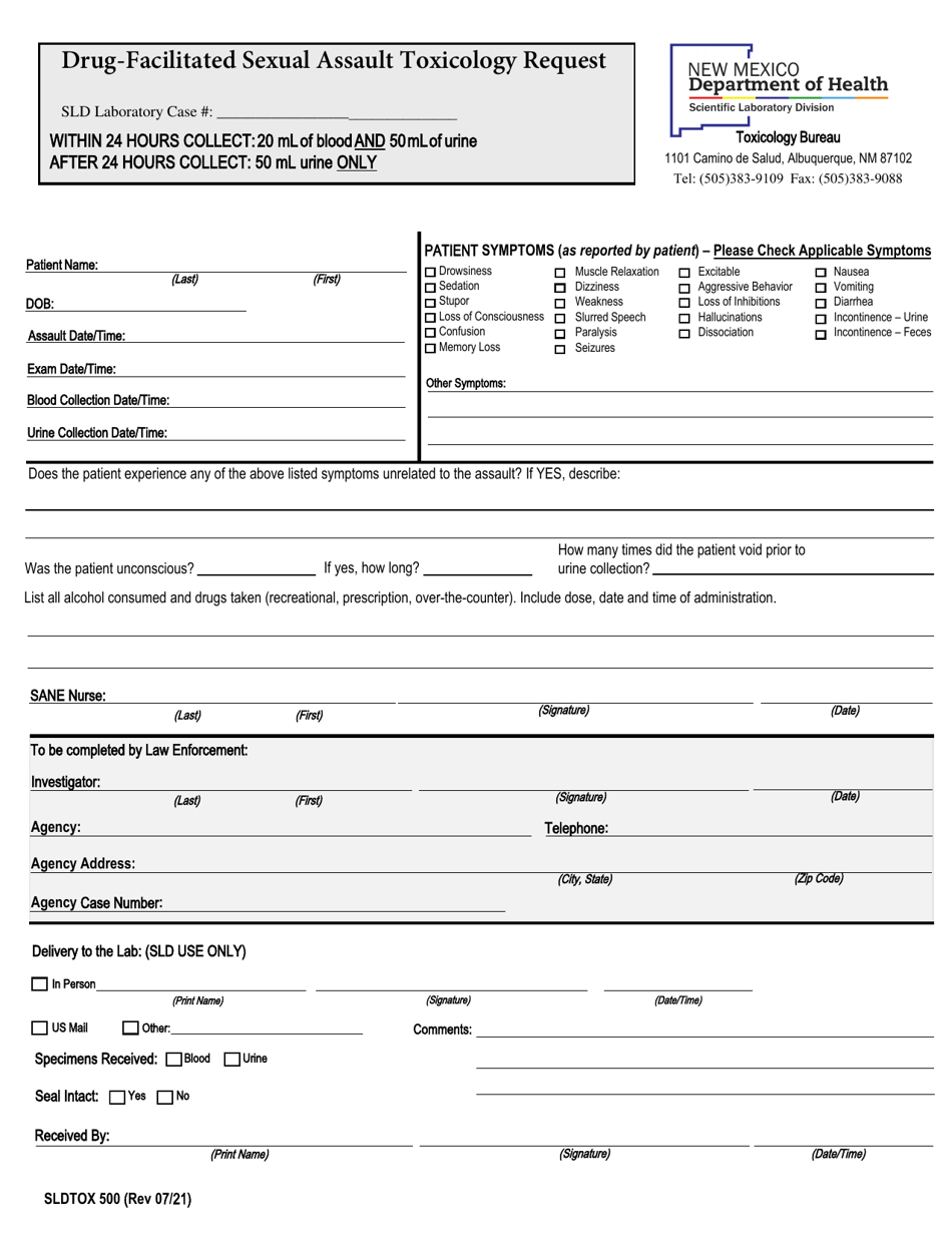 Form SLDTOX500 Drug-Facilitated Sexual Assault Toxicology Request - New Mexico, Page 1