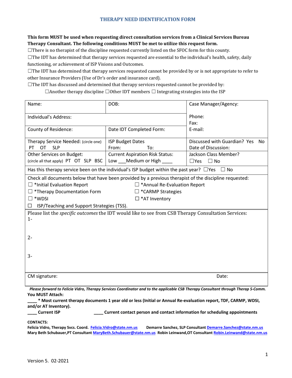 Therapy Need Identification Form - New Mexico, Page 1