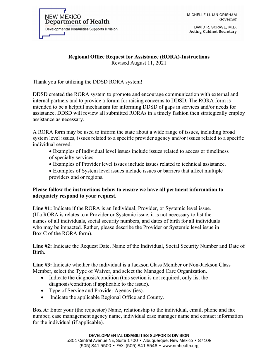 Instructions for Developmental Disabilities Supports Division (Ddsd) Regional Office Request for Assistance (Rora) - New Mexico, Page 1