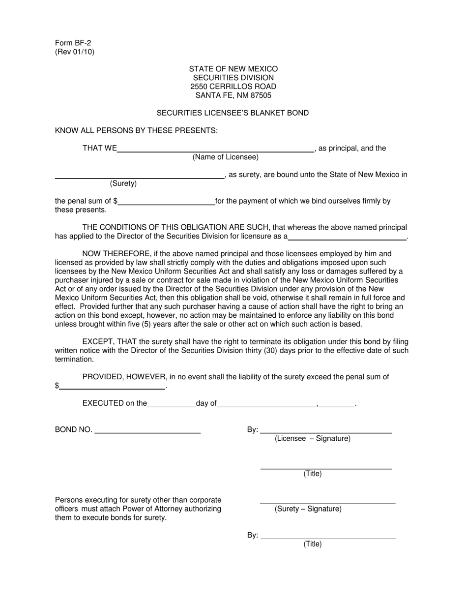 Form BF-2 Securities Licensees Blanket Bond - New Mexico, Page 1