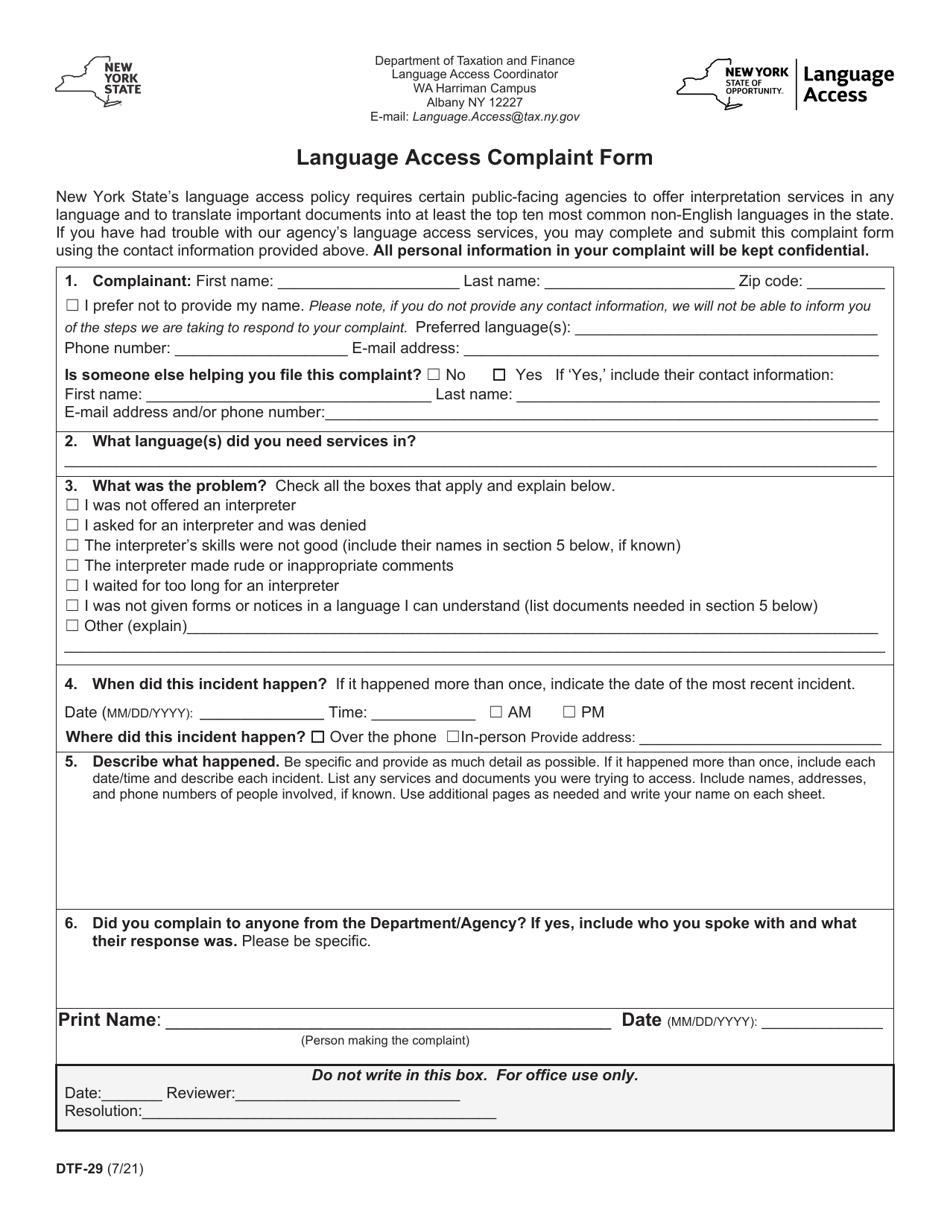 Form DTF-29 Language Access Complaint Form - New York, Page 1
