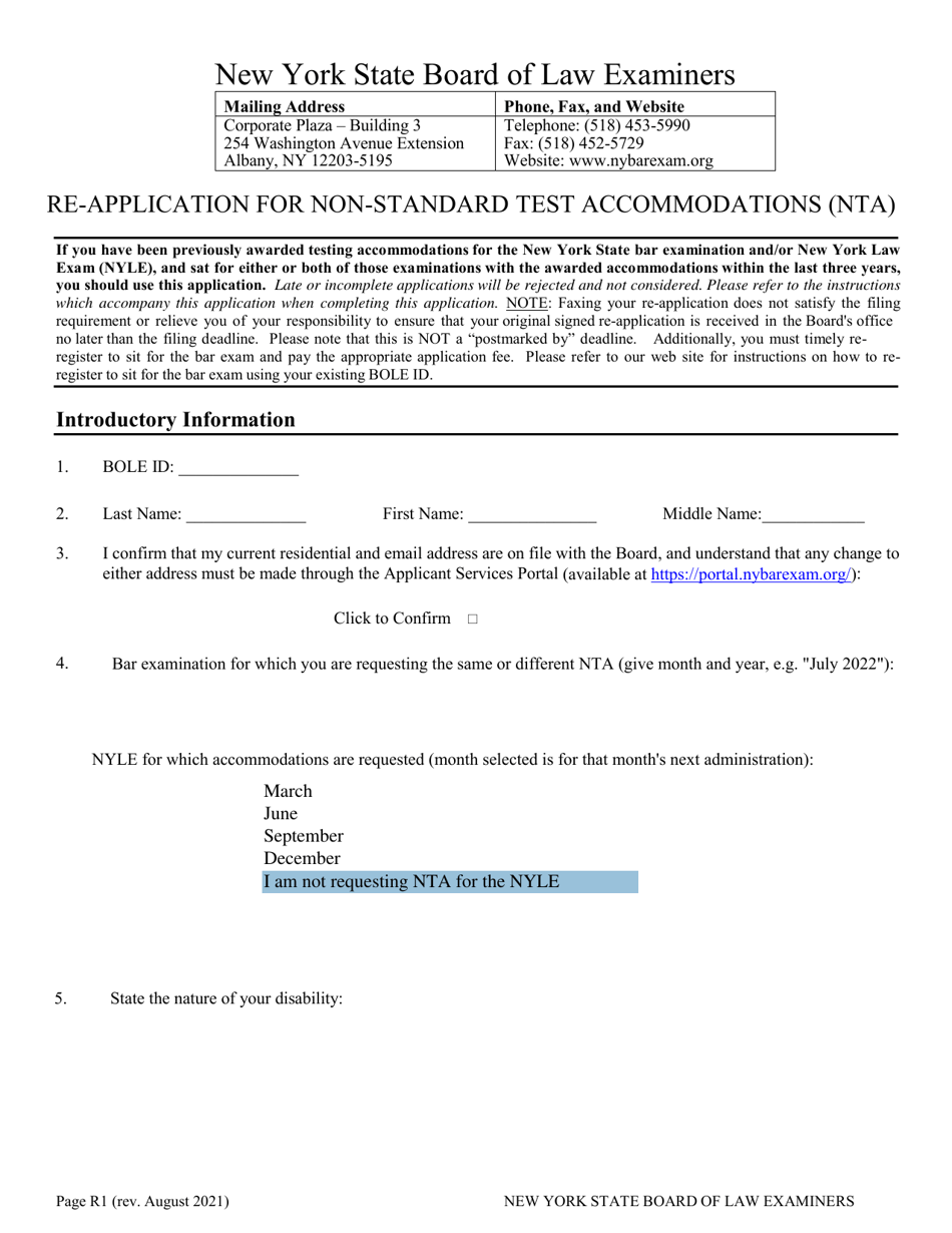 Re-application for Non-standard Test Accommodations (Nta) - New York, Page 1