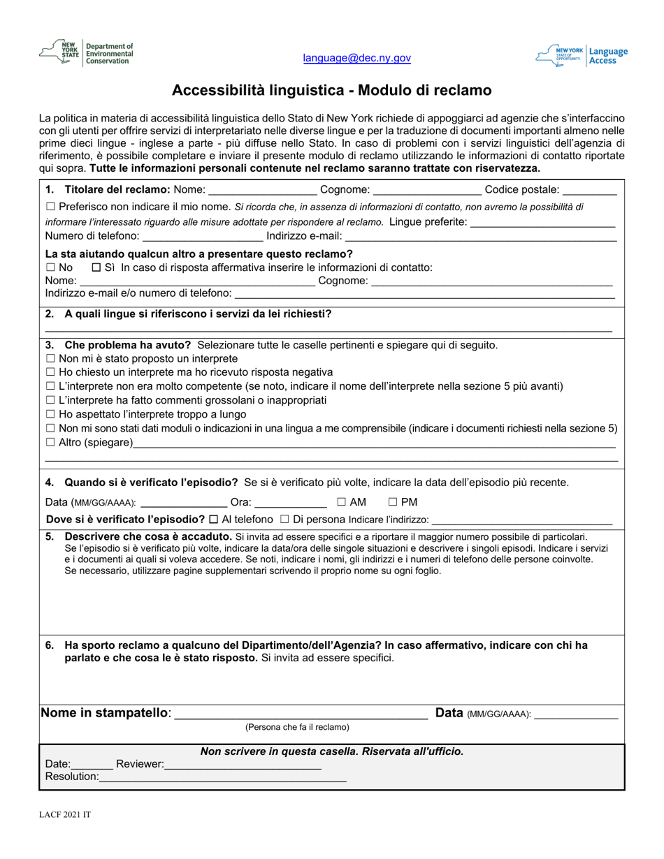 Language Access Complaint Form - New York (Italian), Page 1