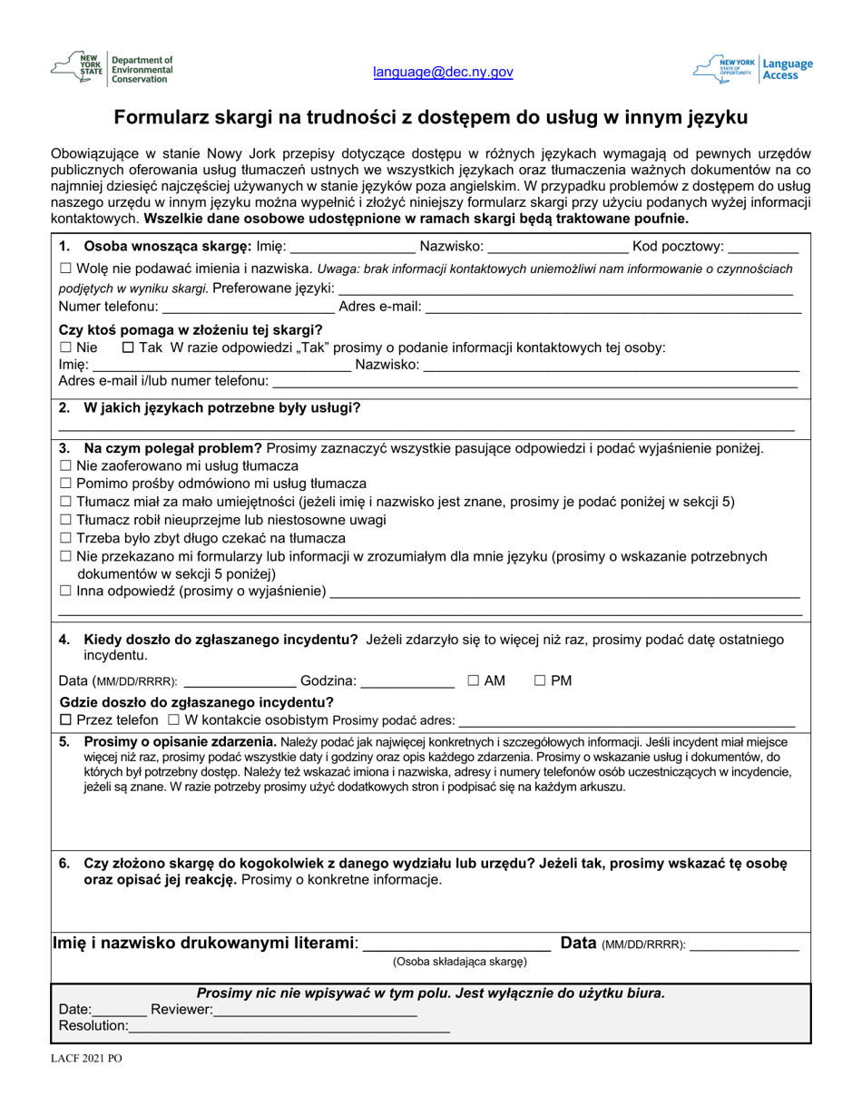 Language Access Complaint Form - New York (Polish), Page 1