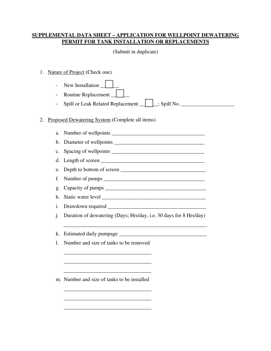 Supplemental Data Sheet - Application for Wellpoint Dewatering Permit for Tank Installation or Replacements - New York, Page 1