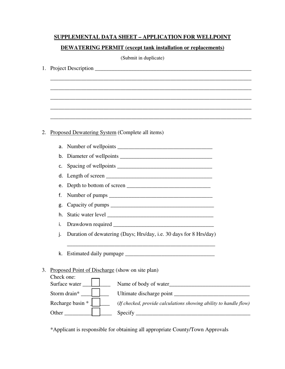 Supplemental Data Sheet - Application for Wellpoint Dewatering Permit (Except Tank Installation or Replacements) - New York, Page 1