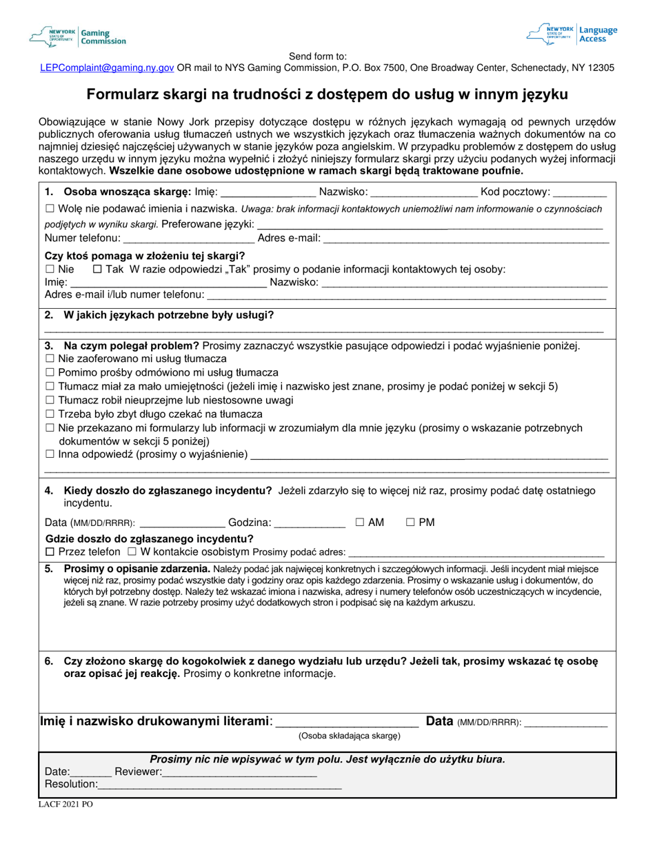 Form LA1 Language Access Complaint Form - New York (Polish), Page 1