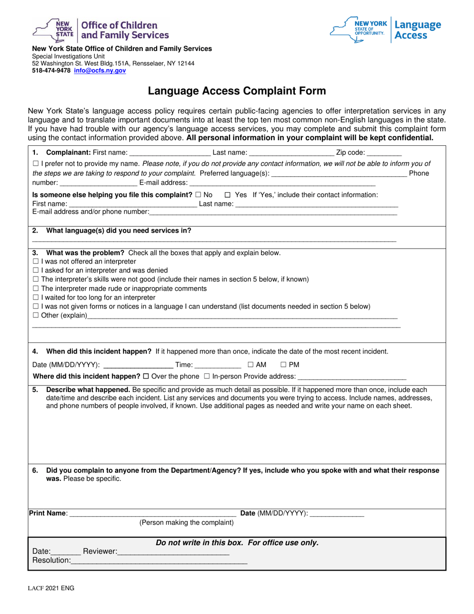 Form LA-1 Language Access Complaint Form - New York, Page 1