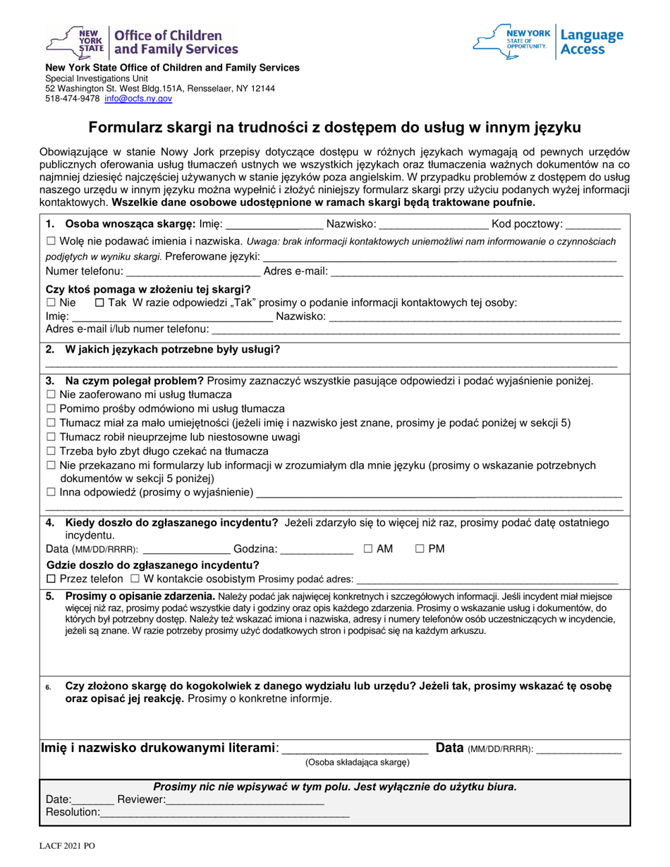 Form LA-1-PL Language Access Complaint Form - New York (Polish), Page 1