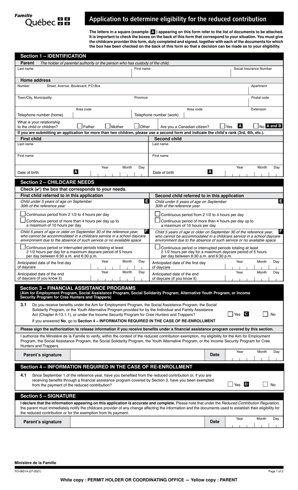 Form FO-0601A Application to Determine Eligibility for the Reduced Contribution - Quebec, Canada, Page 3
