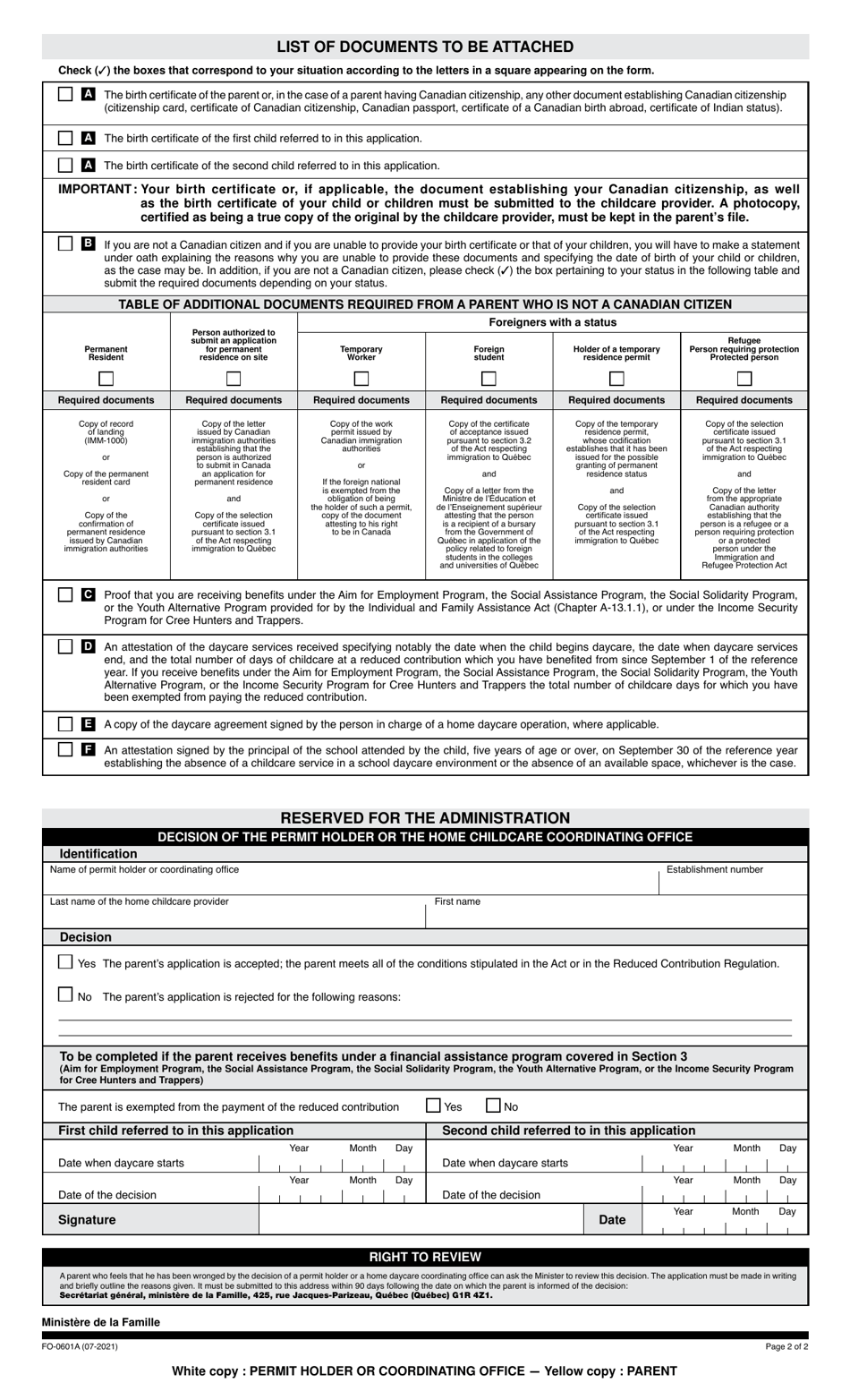 Form FO-0601A Application to Determine Eligibility for the Reduced Contribution - Quebec, Canada, Page 4