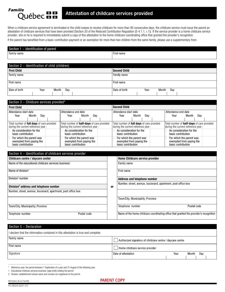 Form FO-0602A Attestation of Childcare Services Provided - Quebec, Canada, Page 1
