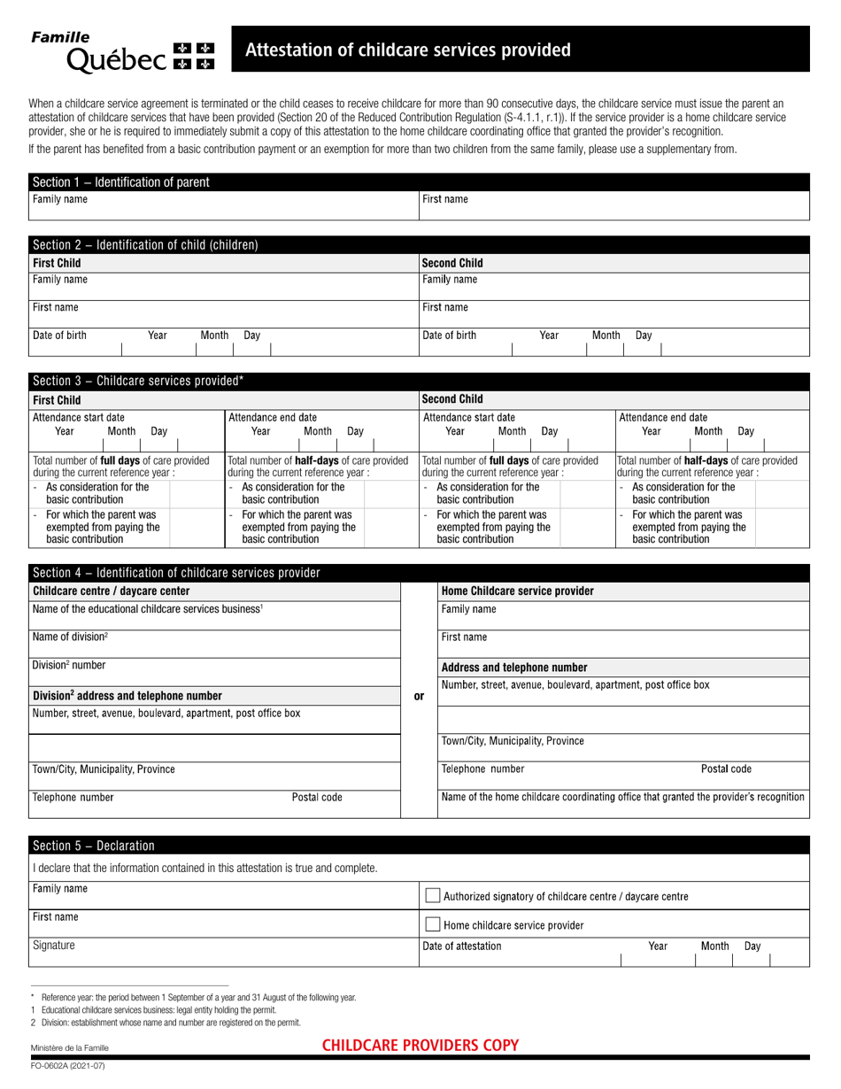 Form FO-0602A Attestation of Childcare Services Provided - Quebec, Canada, Page 2