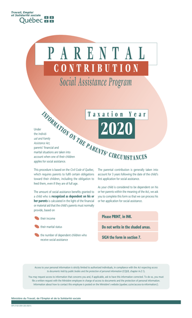 Form SR-2102-20A Parental Contribution - Information on Parents' Circumstances - Social Assistance Program - Quebec, Canada, 2020