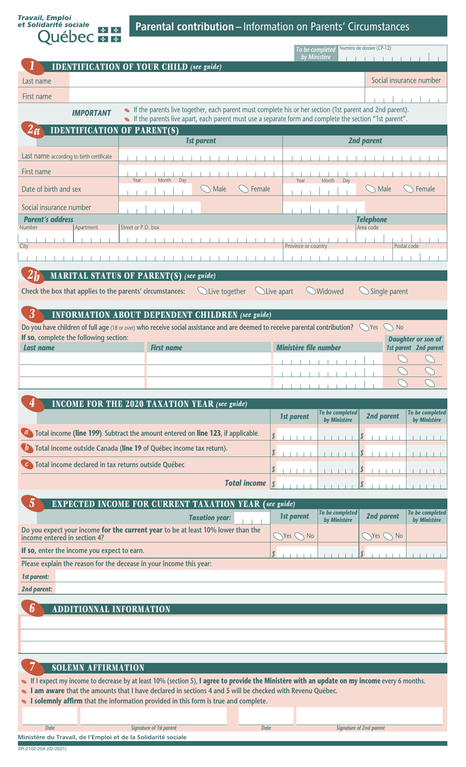 Form SR-2102-20A Parental Contribution - Information on Parents Circumstances - Social Assistance Program - Quebec, Canada, Page 3