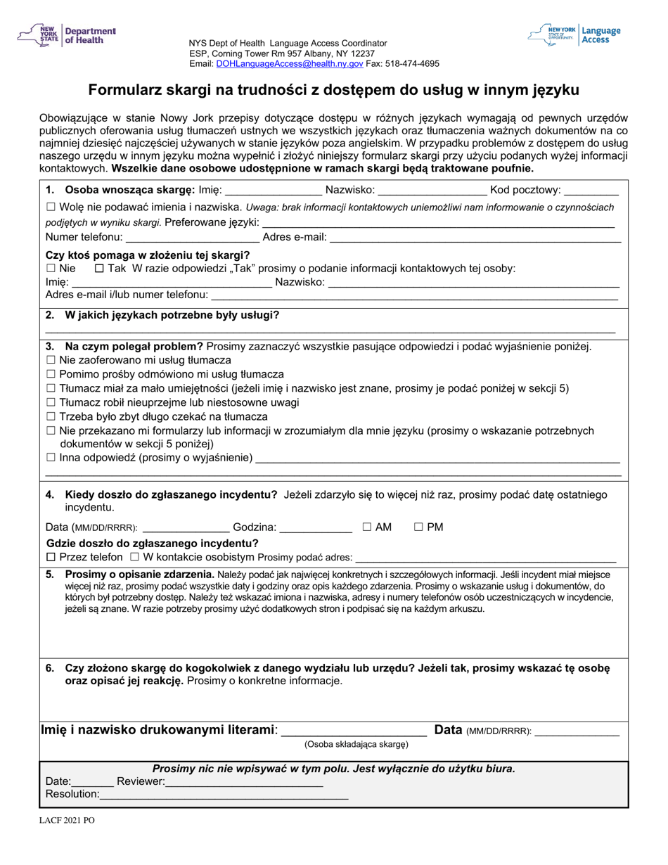 Language Access Complaint Form - New York (Polish), Page 1
