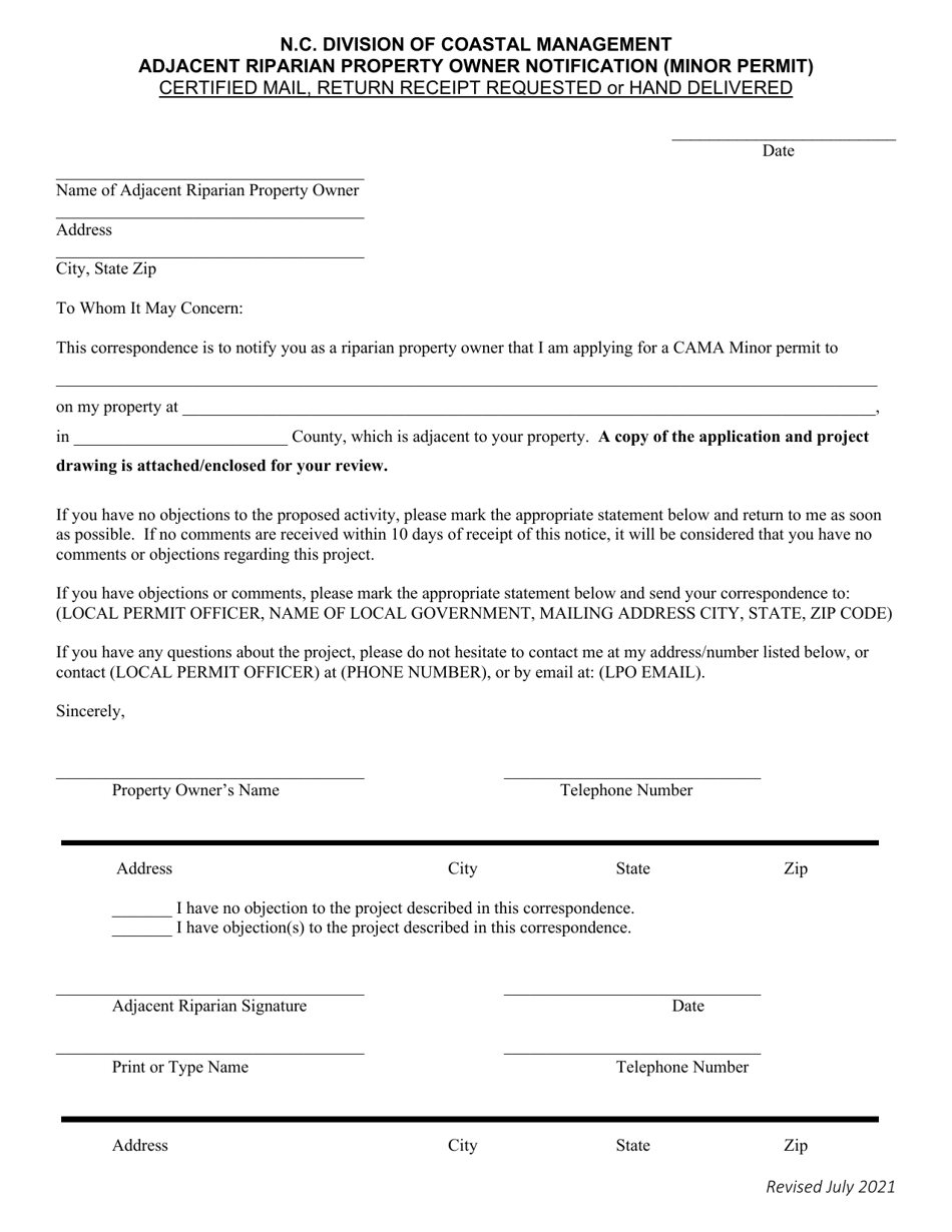Adjacent Riparian Property Owner Notification (Minor Permit) - North Carolina, Page 1