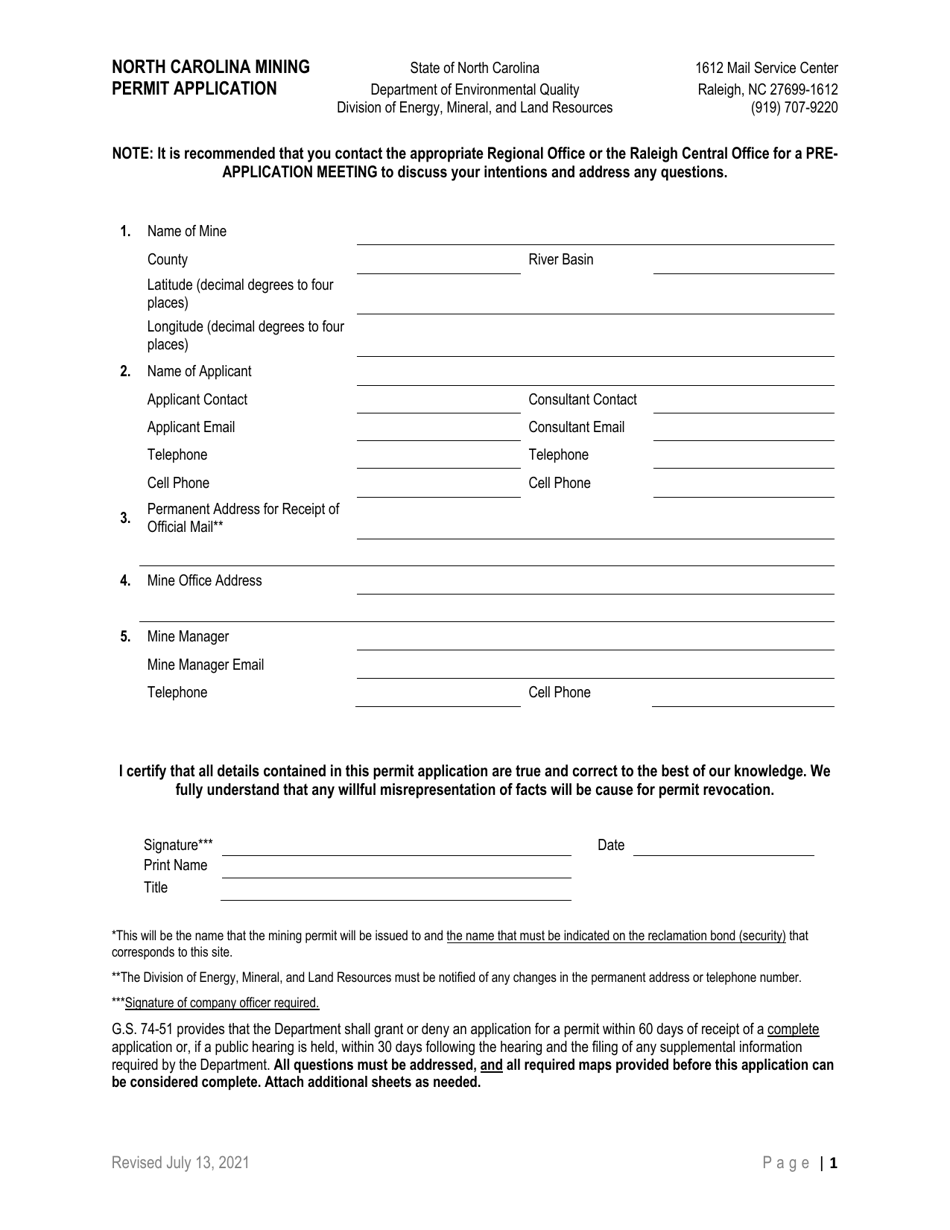North Carolina Mining Permit Application - North Carolina, Page 1