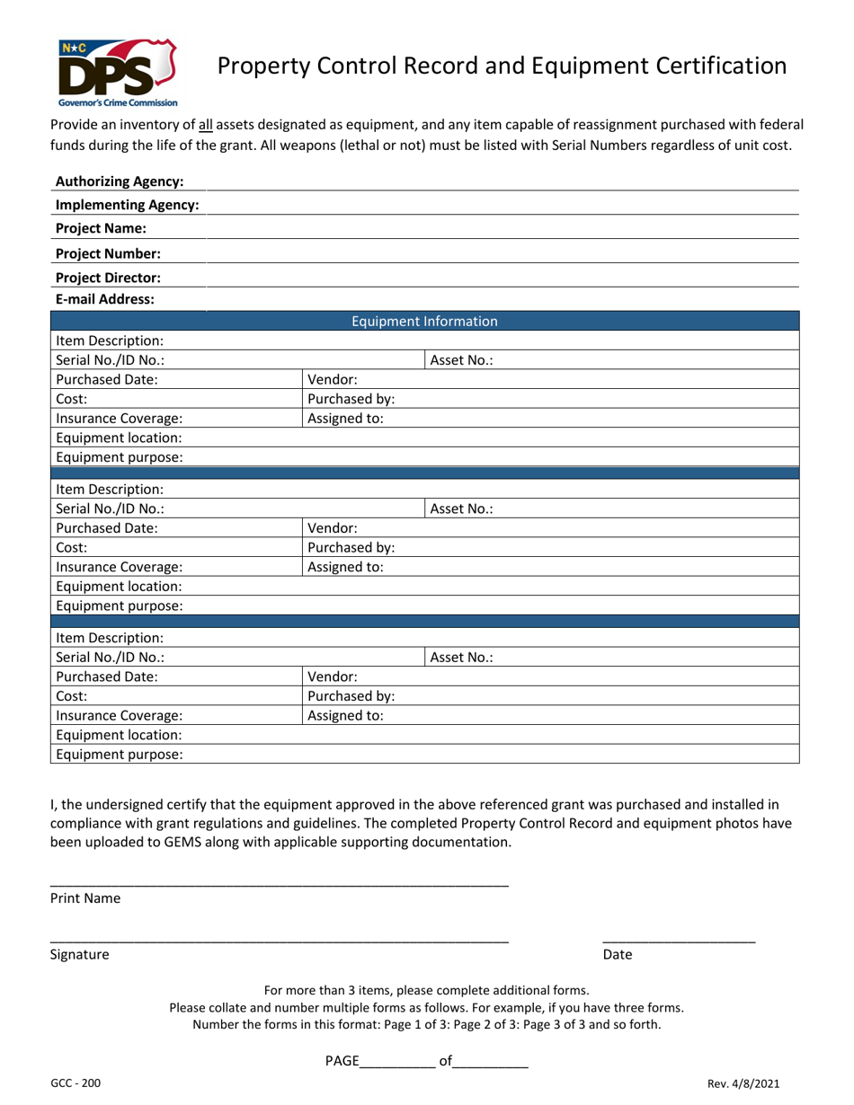 Form GCC-200 Property Control Record and Equipment Certification - North Carolina, Page 1
