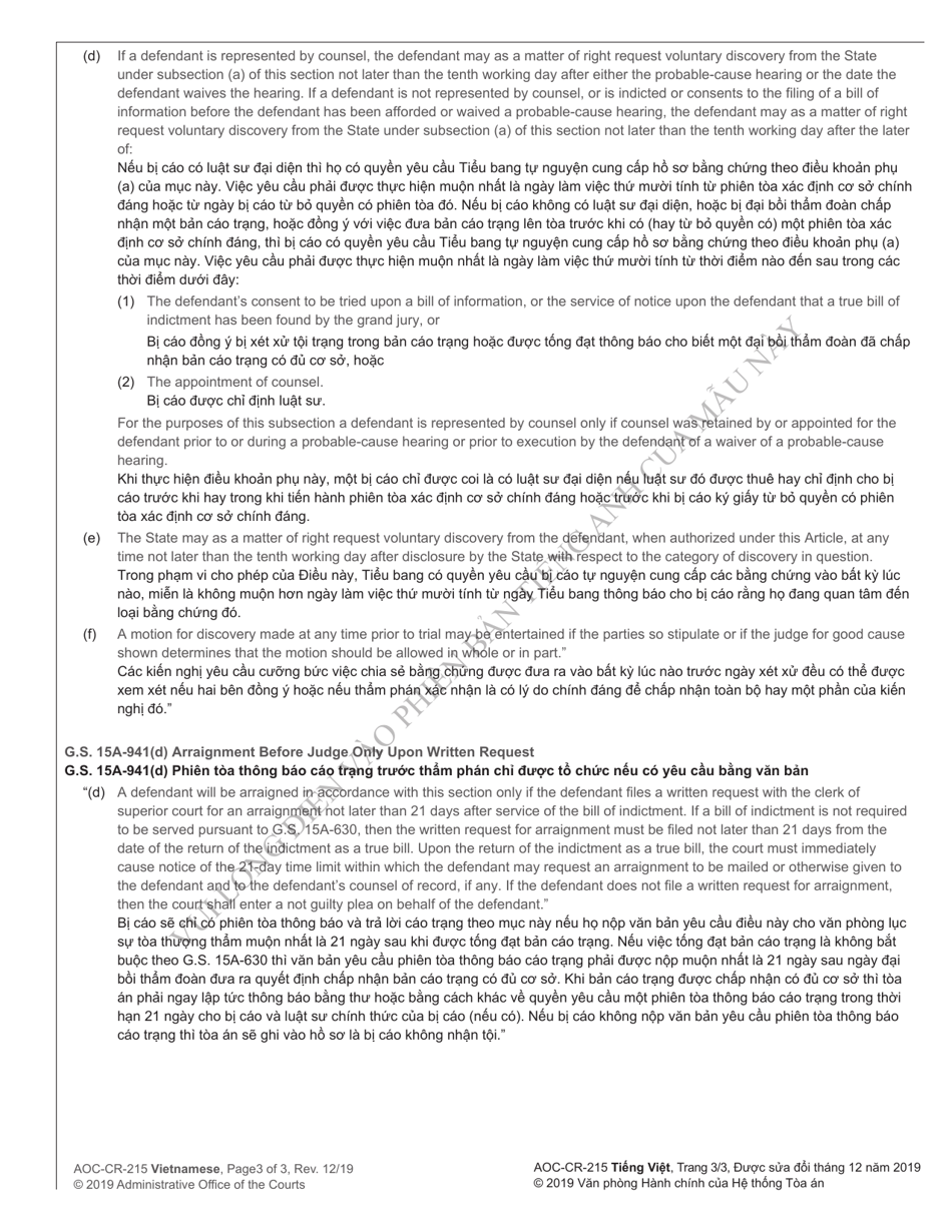 Form AOC-CR-215 Notice of Return of Bill of Indictment - North Carolina (English / Vietnamese), Page 3