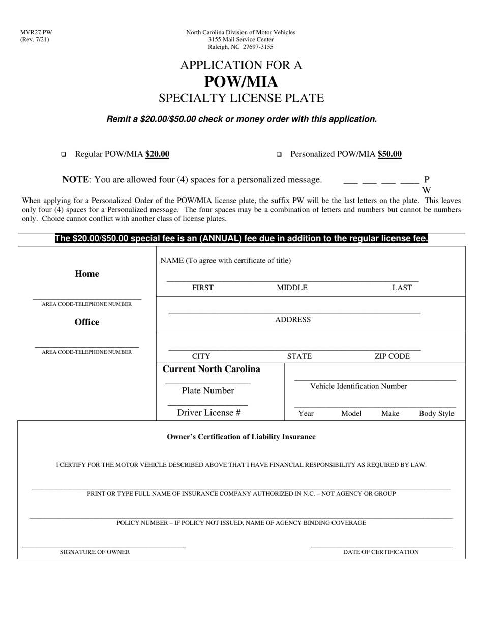 Form MVR27 PW Application for a Pow/Mia Specialty License Plate - North Carolina, Page 1